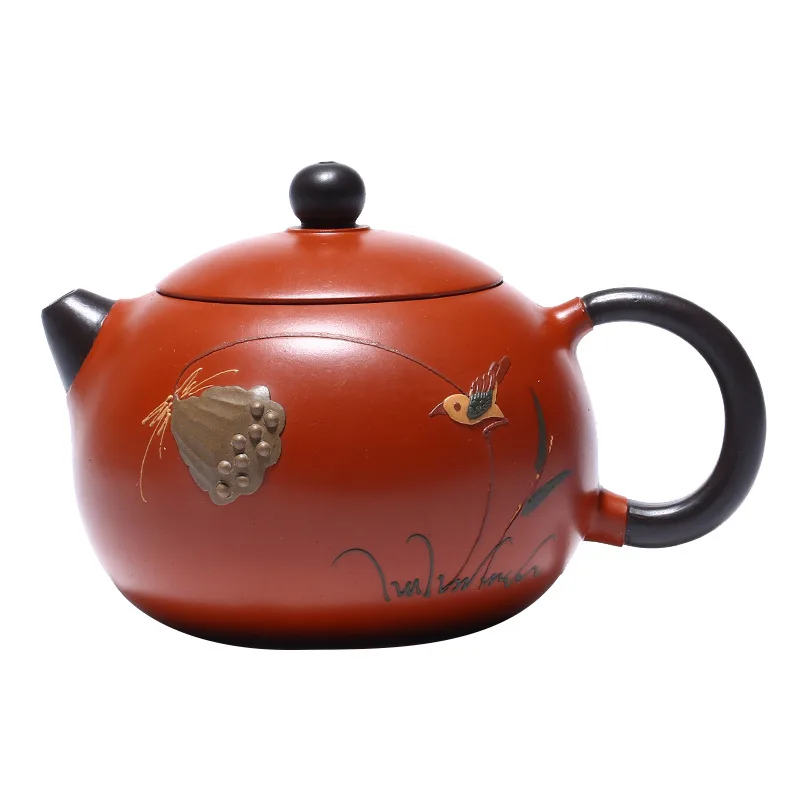 Chinese Style Lotus Seedpod Pattern Teapot, Purple Clay Cinnabar, Kung Fu Household, Handmade, 260ml Xishi Pot, New, 1Pc