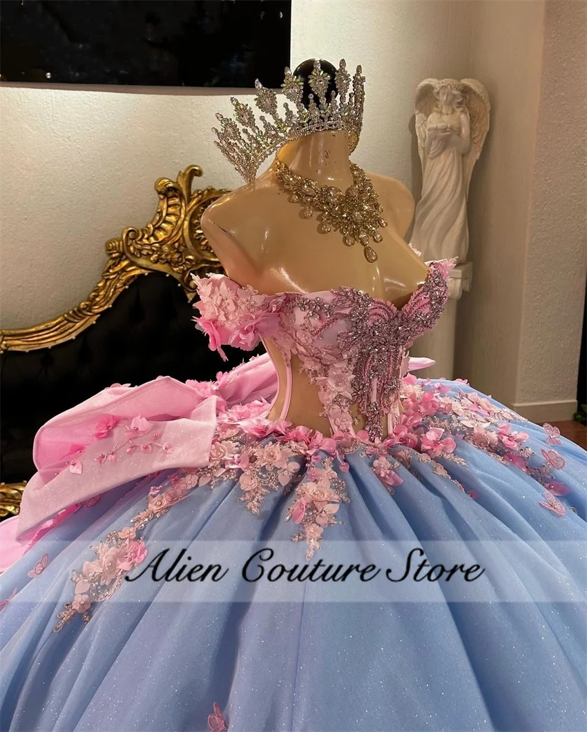 Blue Quinceanera Dresses Princess Bead Crystals Birthday Gowns Pink 3D Flower Appliques Vestidos De 15 Wit Bow Customized