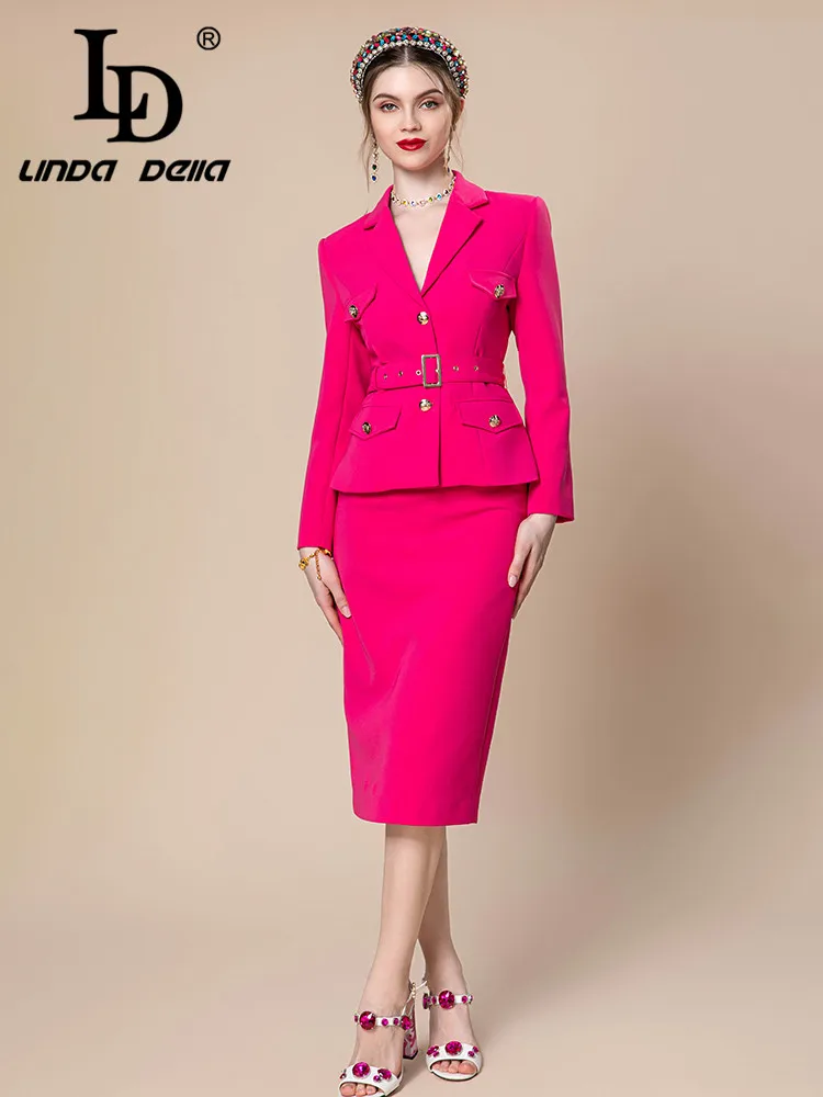 

LD LINDA DELLA Autumn winter Fashion Designer Western suit Women's Button Belt Lapel Top+Zipper Package hip skirt 2 Pieces Set