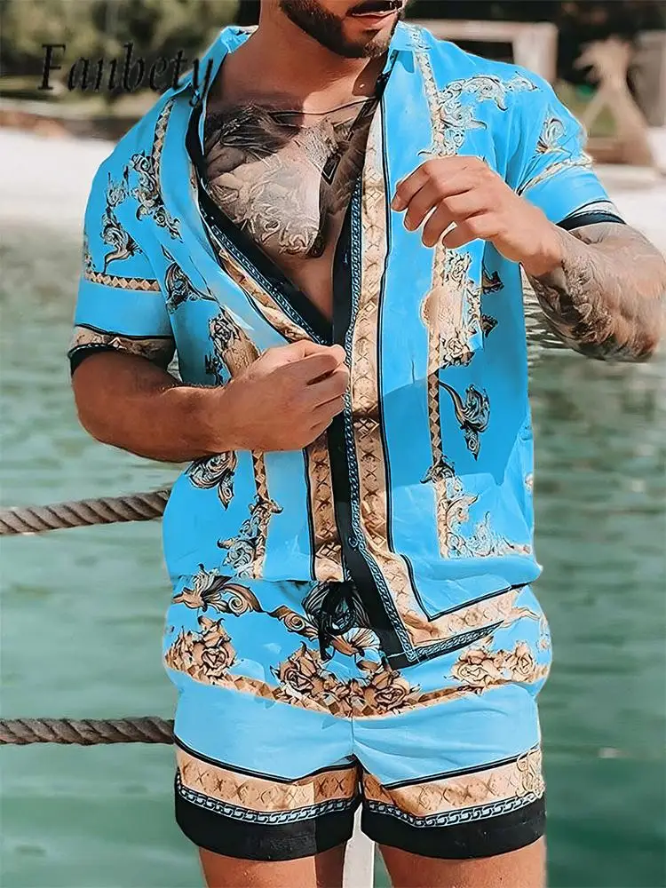 

2023 Summer New Men's Hawaii Beach Suit Fashion Totem Print Lapel Short Sleeve Shirt Suit Casual Loose Short Pants 2-piece Suits