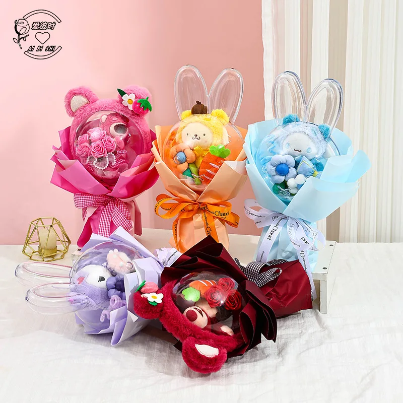 

New Kawaii Hello Kitty Kuromi Plush Dolls Flowers Bouquet Christmas Valentine's Day Birthday Graduation Gifts For Girl Gift Bag