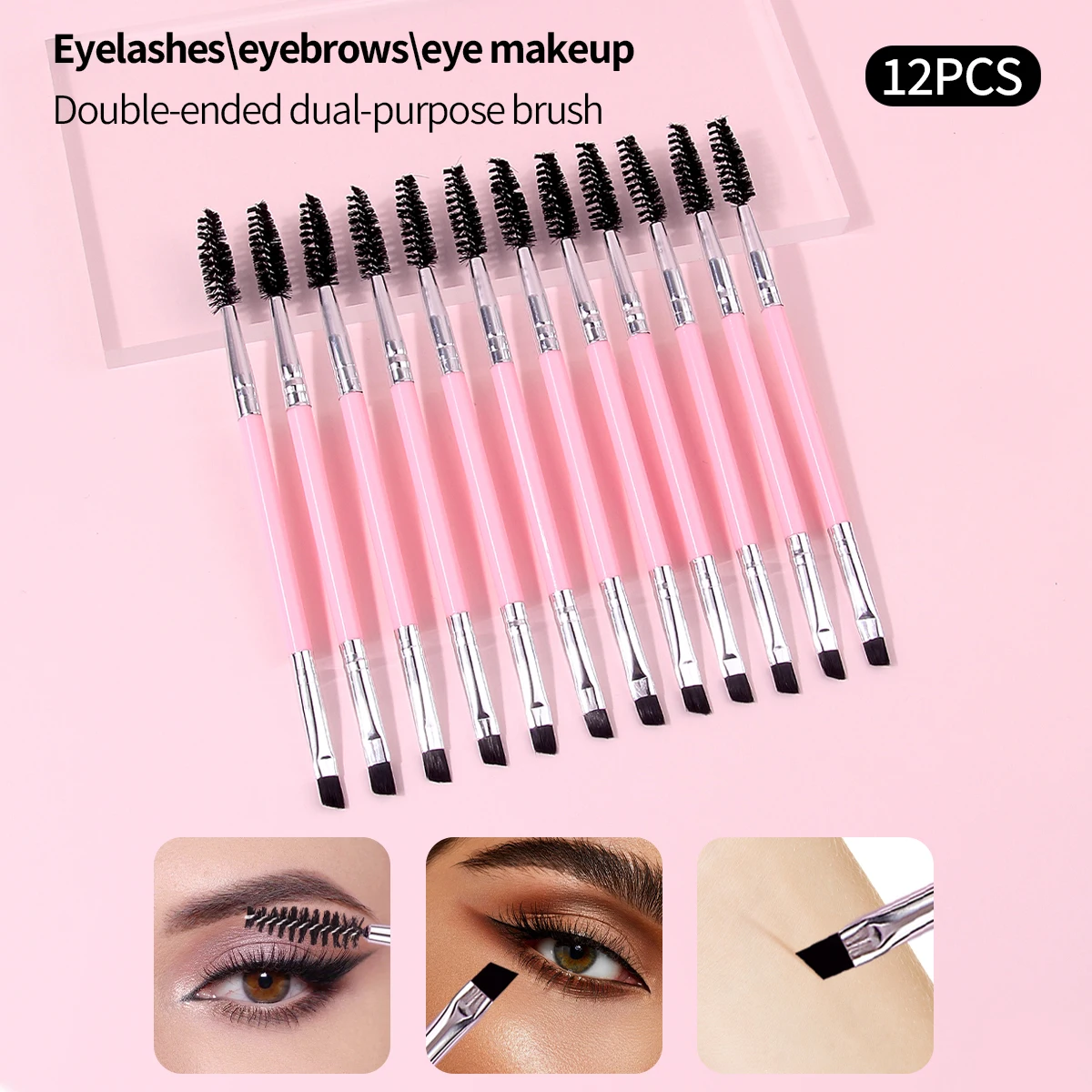 12PCS 핑크 더블 헤드 속눈썹 컬러 속눈썹 브러쉬 눈썹 브러쉬 플라스틱 손잡이 휴대용 버전 속눈썹 연장 브러쉬