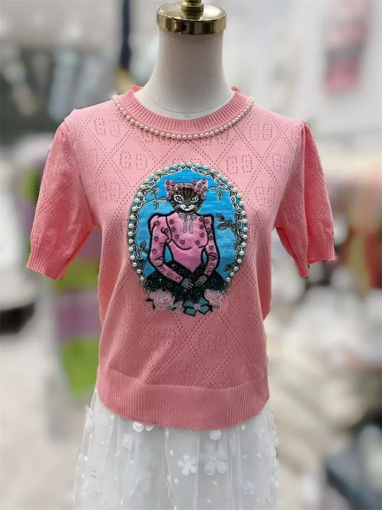 

Pearl Beading Ice Silk Sweater Tops Women 2024 Summer Cartoon Embroidered Hollow Out Knitwear Stylish Chic Tshirts
