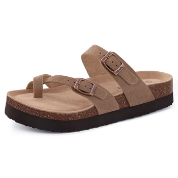 Comwarm Classic Cork Sandals For Women Fashion Thick Soles Beach Sandals Cozy Casual House Flats Slippers With Adjustable Buckle