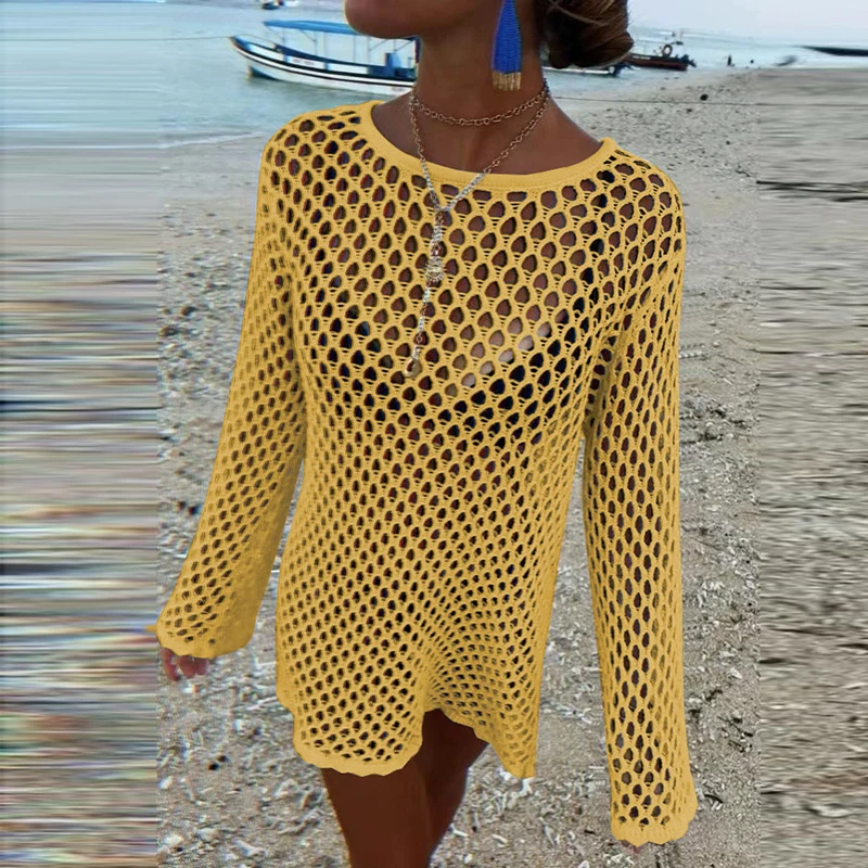 Seaside Hollow Out One Piece Vacation Covers Summer Solid knitted Fish Mesh Pullover Tops Long Sleeve White Full Dresses swimsuit cover up swimsuit coverup fishnet cover up