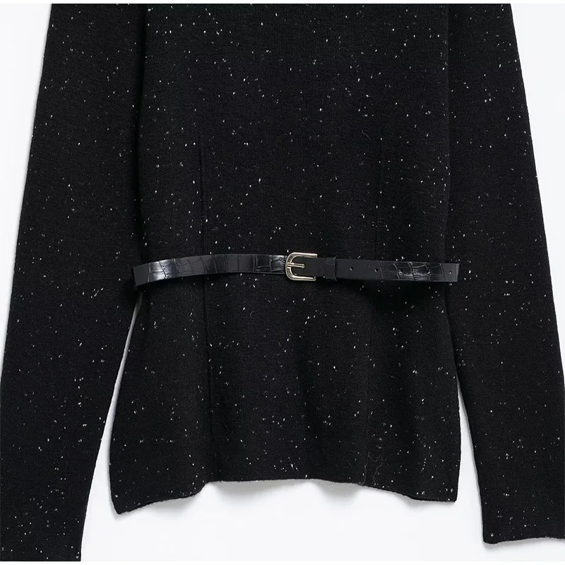 Suéter de cuello alto negro vintage para mujer, jersey de punto holgado de manga larga con cinturón, jersey suave de primavera para mujer, nuevo