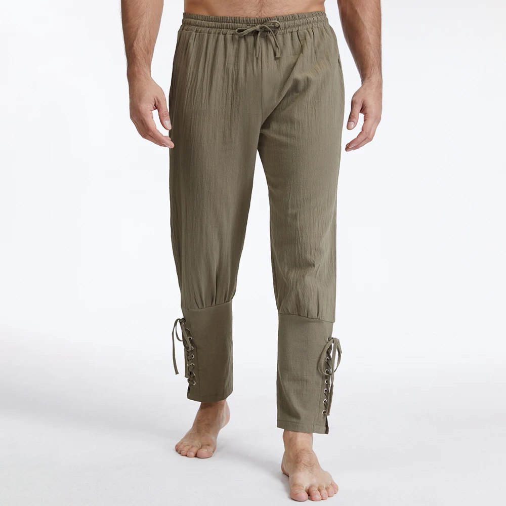Vintage Baumwoll-Leinen-Hosen für Herren Piraten-Wikinger-Kostüm Gotischer Stil Mittelalterliche Schnürhosen Einfarbige Gemütliche Herrenhosen
