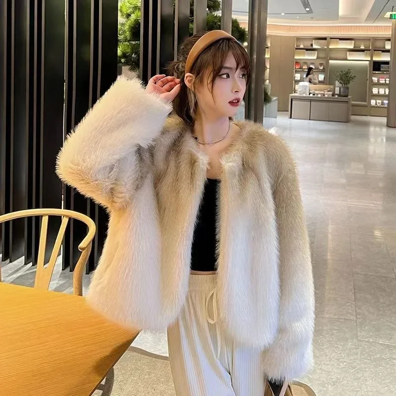 Korean Style Temperament Women Imitation Fur Coat Fashion Gradient Color O-neck Short Outwear Winter Female Faux Fox Fur Jacket