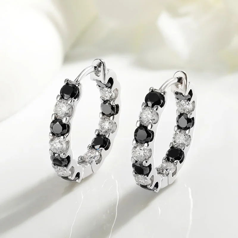 

DRring 3mm White-black Full Moissanite Hoop Earrings for Women Sparkling Wedding Jewelry 925 Sterling Silver Plated Rhodium GRA