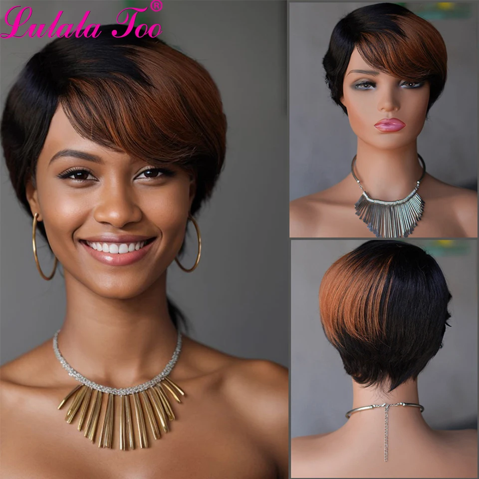 Color T1B/30 Short Pixie Cut Wig Straight Human Hair Wigs With Bangs Brazilian Remy Hair Full Mahine Made Wigs