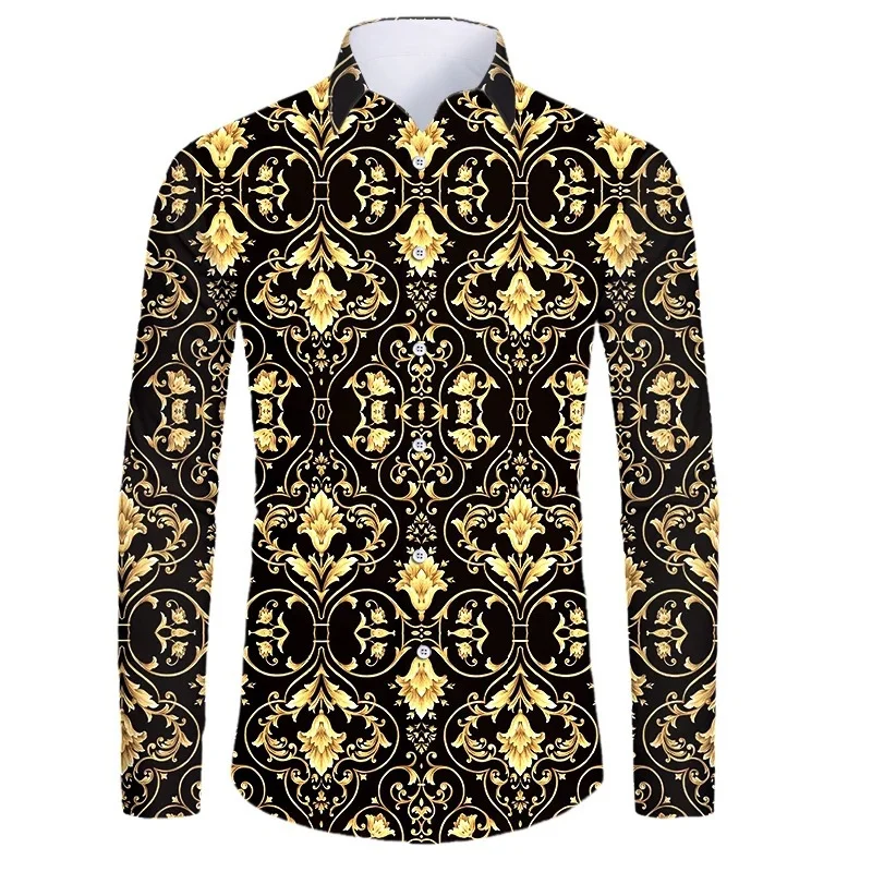 thumbnail image 1 of Camisas de manga corta con botones y estampado 3D de lujo de alta gama con patrón dorado para hombres, blusas de estilo callejero de moda, atuendos de hip hop, 1 of 4