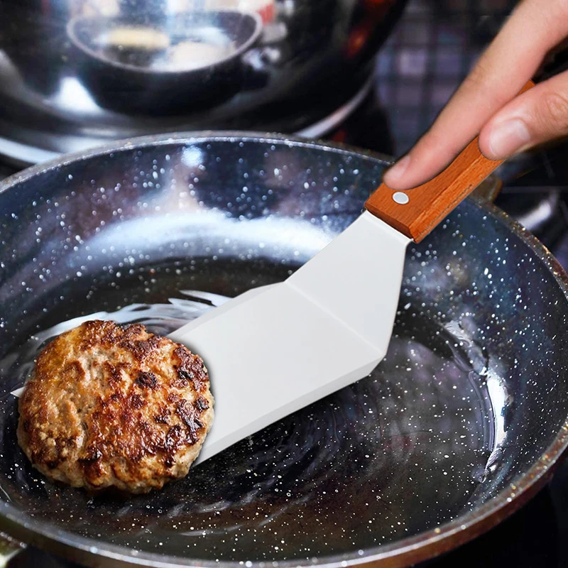 Stainless Steel Frying Spatula Wooden Handle Steak Pizza BBQ Tool