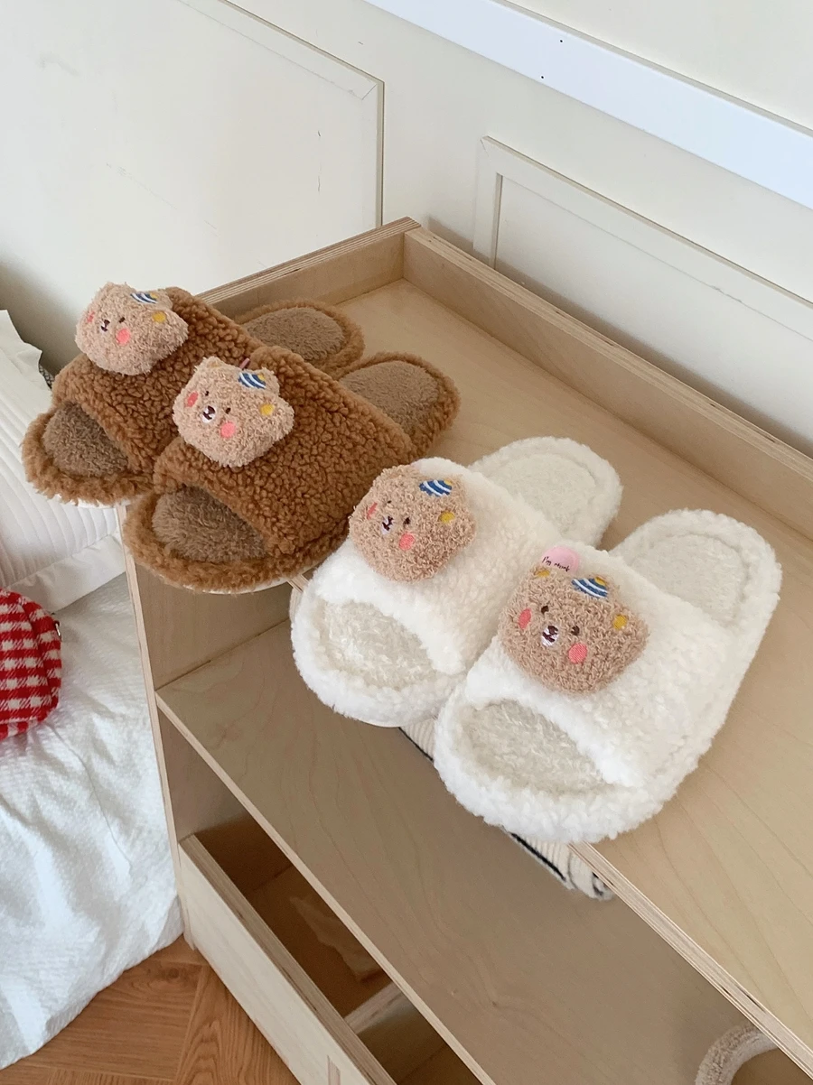 Cute Bear Plush Slippers Women Home Casual Anti Slip Cotton Slippers Indoor Household Slipper