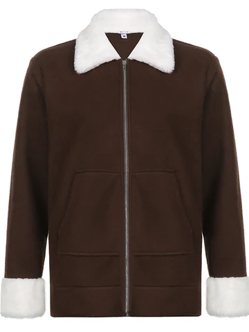 y2k Fur Jackets Loose Brown Grunge Fairycore Coat Turn Down Collar Zipper Prepply Sweatshirts Women Chic Outerwear 90s