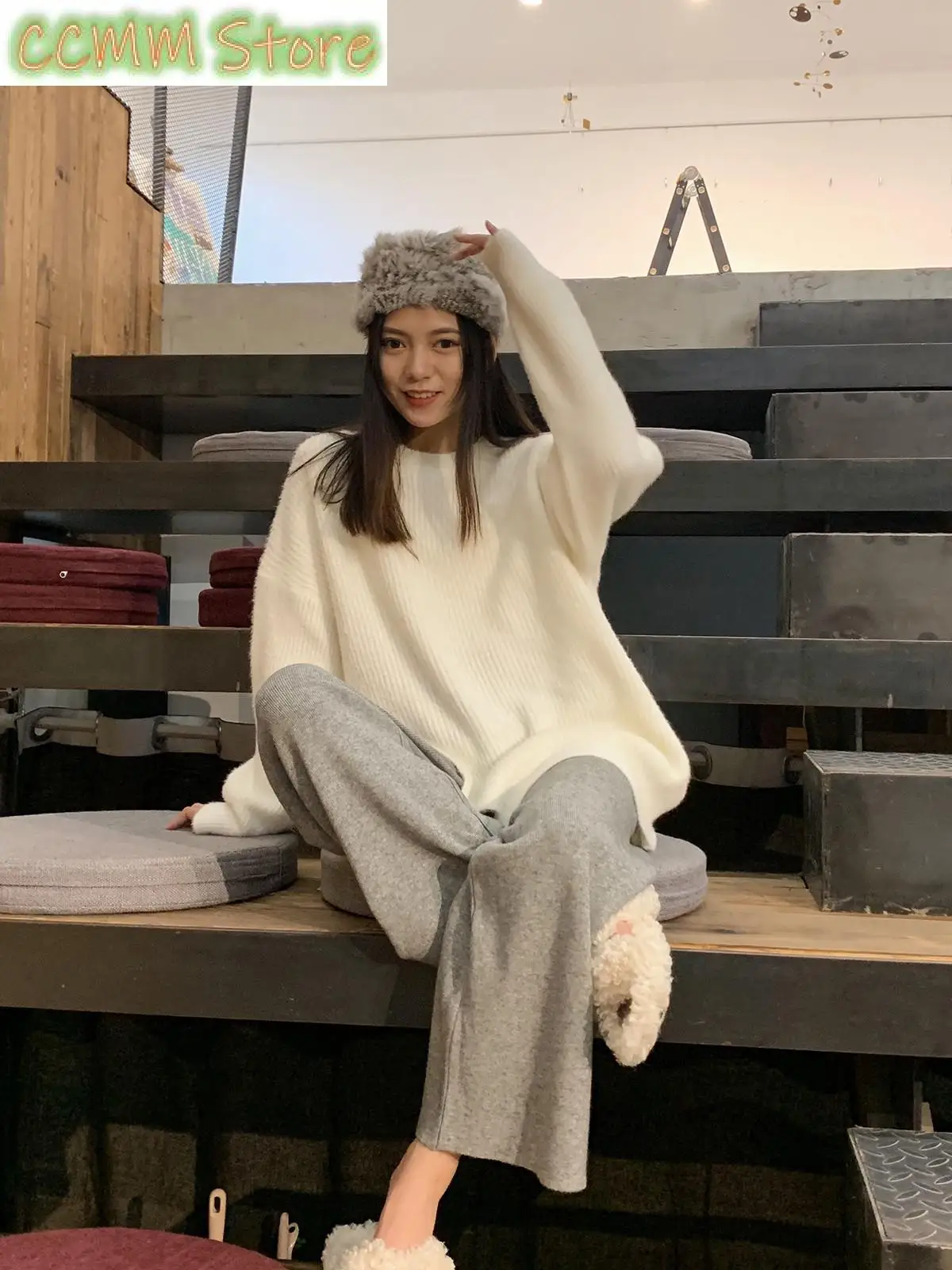 Fashion Knitted White Wide Leg Pants Women's Autumn Winter High Waist Straight Tube Slim Casual Drudging Mop Long Pants