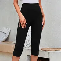 High-Waisted Elastic Seven-Foot Pants Women's Mid-Calf Trousers Base Layer Clothing with Button Detail - Image 5