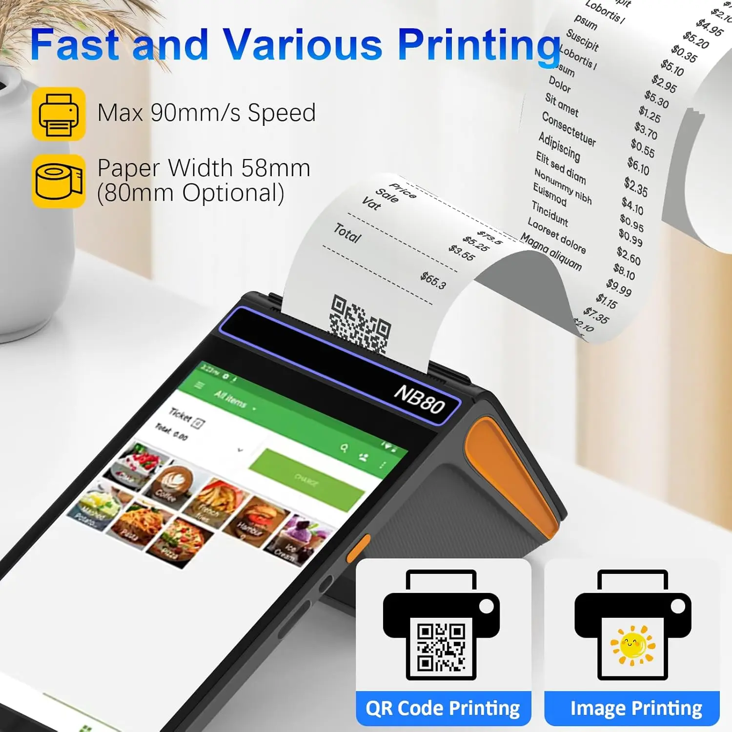 Mobile 8 inch Android 12 POS Terminal with 58/80mm Printer Loyverse Desktop POS Support 4G WIFI Bluetooth Connection 2D Scanner