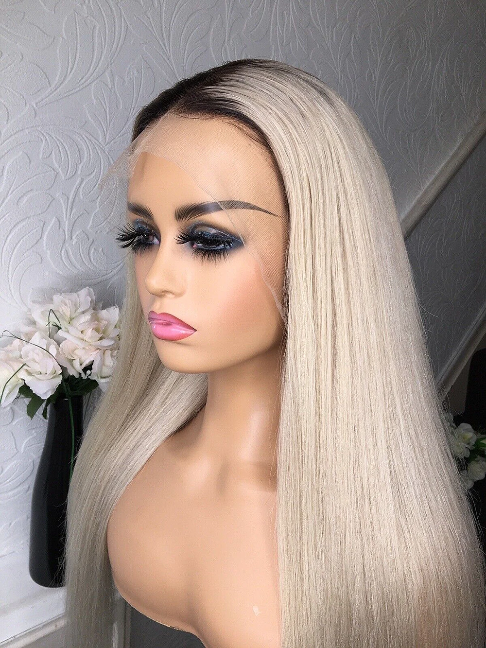 Long straight Platinum Ash Blonde Lace front Human Hair Wigs Pre Plucked ombre 13x6 360 Lace Frontal wig Dark roots brazilian la