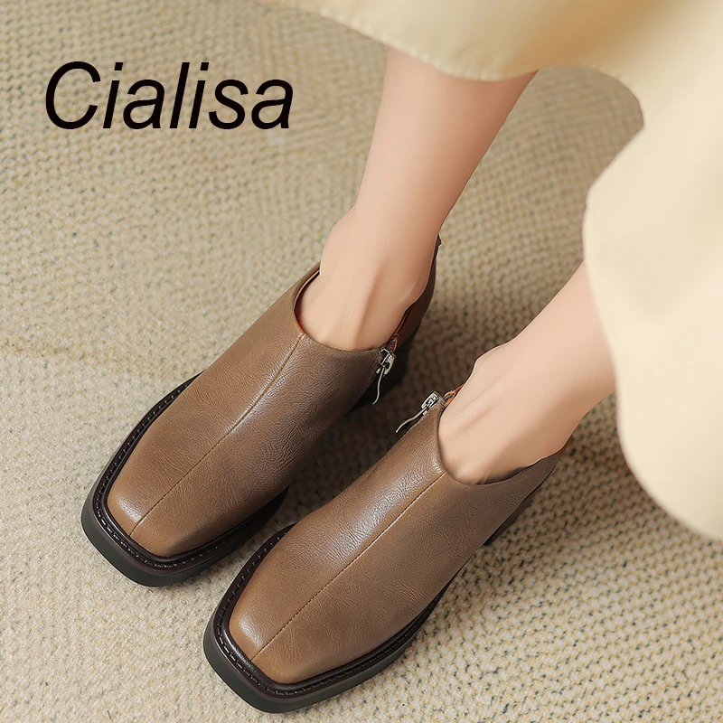 

Туфли Cialisa женские на высоком каблуке, повседневные лоферы из натуральной кожи, на молнии, с квадратным носком, ручная работа, лаконичная Дамская обувь, осень 2023