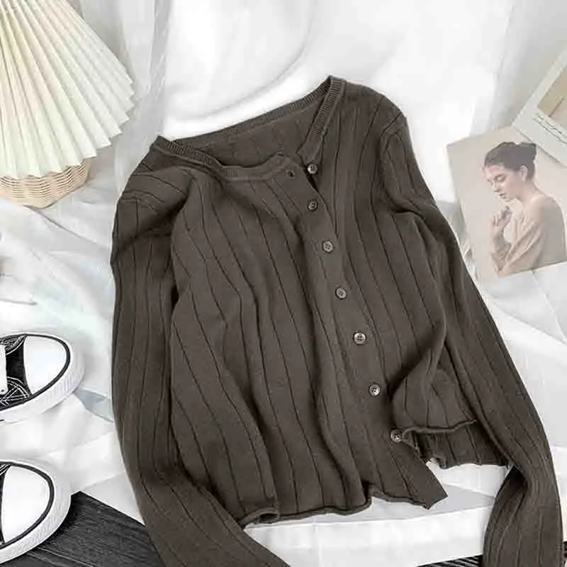 

Женский вязаный свитер, однобортный асимметричный кардиган в Корейском стиле с длинным рукавом и круглым вырезом, облегающая одежда, топы на весну и осень