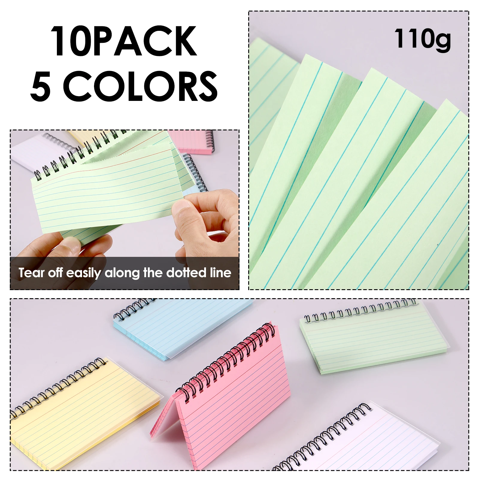 Index Cards 3x5inch Multicolor Index Cards Spiral Bound with PVC Cover Easy to Tear Lined Revision 10Pcs 500 Sheets