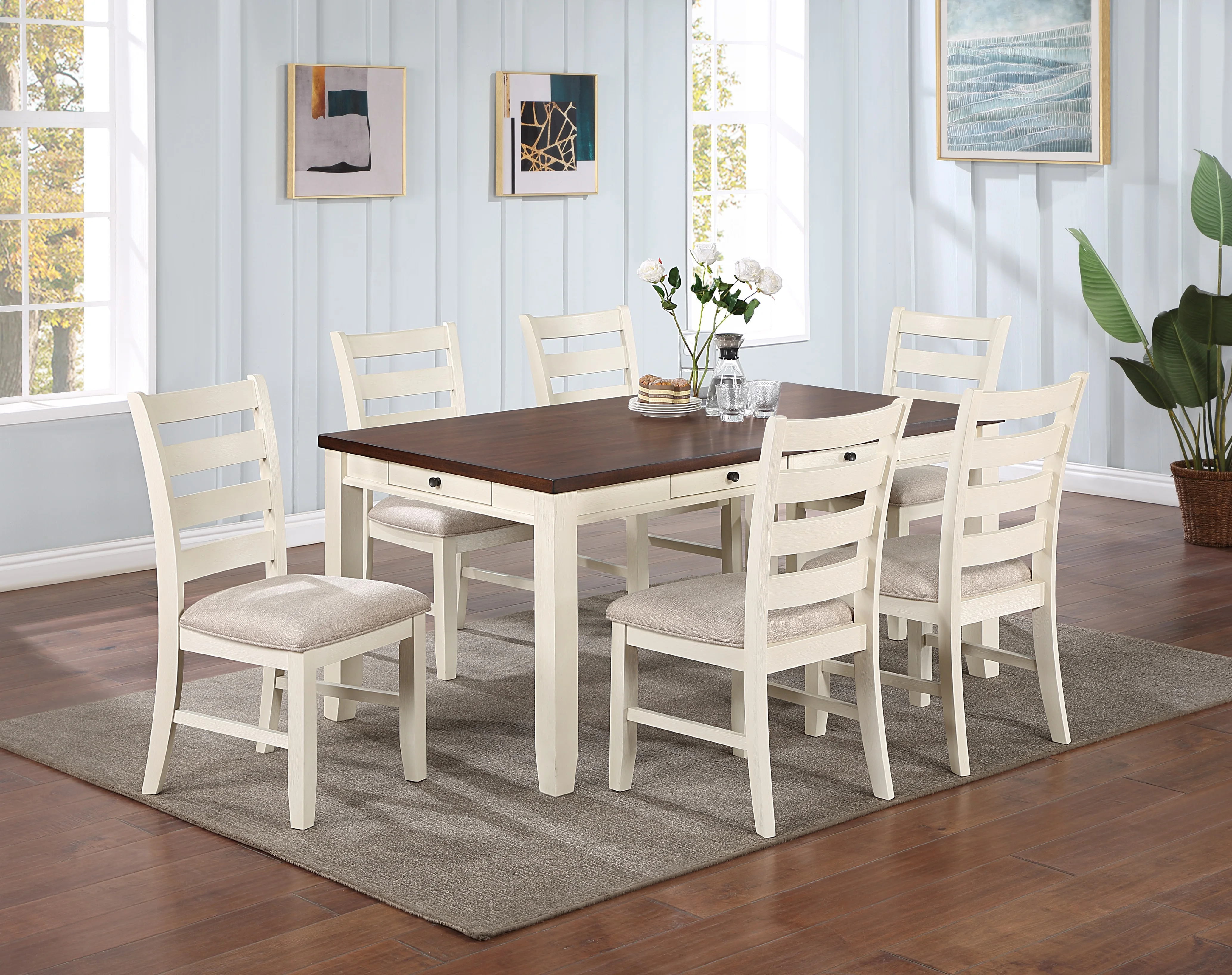 

Gorgeous Classic Dining Room Furniture 7pc Dining Set Dining Table w Drawers 6x Side Chairs White Rubberwood Walnut Acacia Venee