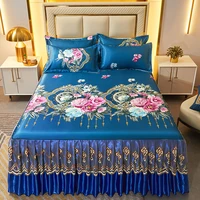 3 Pcs Blue Floral Skirt Bedding Set Garden Aesthetics Flower Rufled Mattress Pad Sheet Set Include Bed Skirt with 2 Pillowcases 1