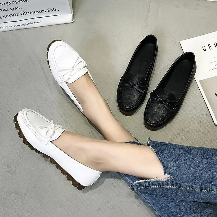 Peas Shoes Spring and Autumn Flat Bottom Shallow Mouth Bow Women's Shoes Casual Slip-on Slip-on Shoes Loafers Mother Shoes 35-43