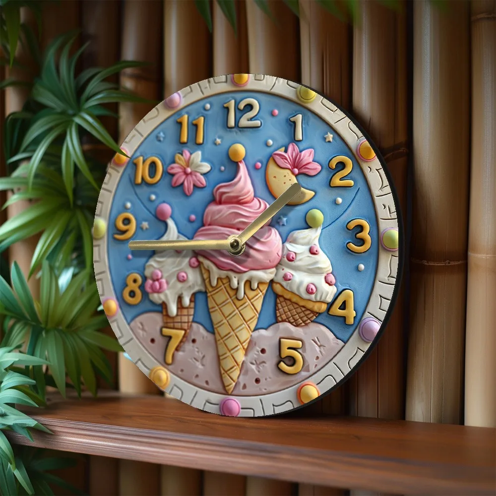 Wooden Wall Clock with Ice - Cream Pattern, Ideal for Home Decor, Uses AA Batteries 4