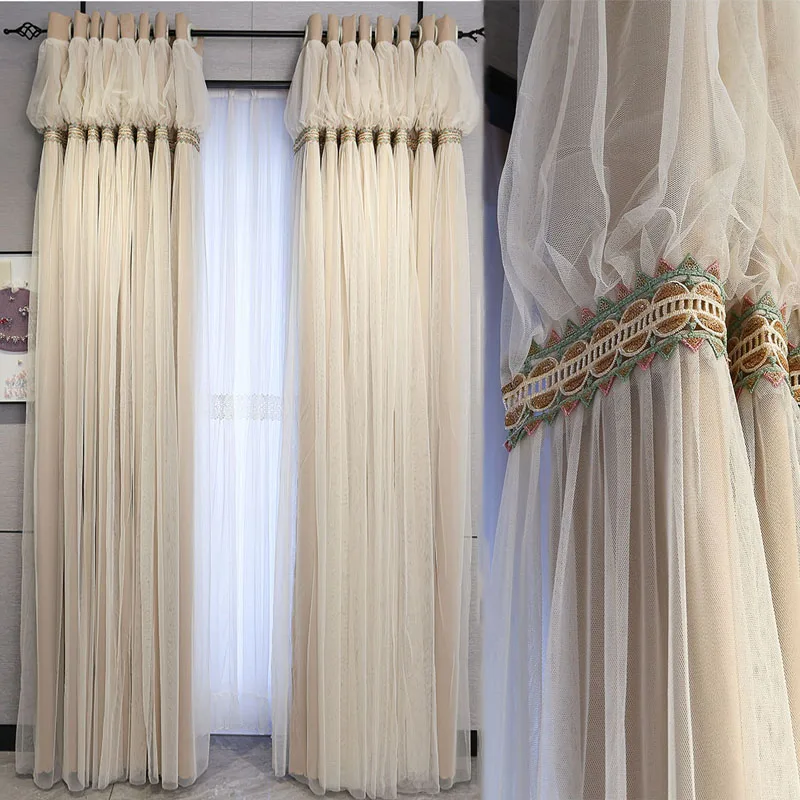 

Korean Double Layer Princess Beige Curtains for Living Dining Room Bedroom Elegant French Window Drapes White Skirt Tulle