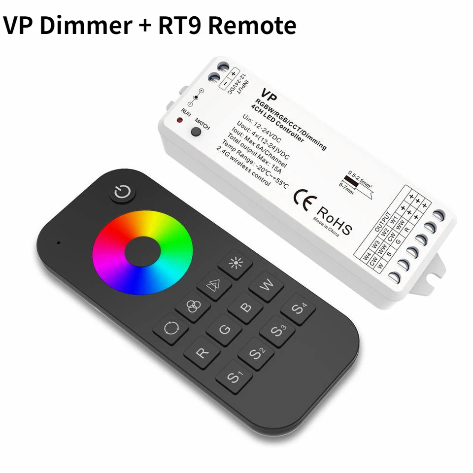 

NEW LED RF Controller VP 4 Channel RGBW /RGB/CCT/Dimming 12V-24V DC Constant Voltage 4 in 1 2.4G RF Wireless Receiver RT9 Remote