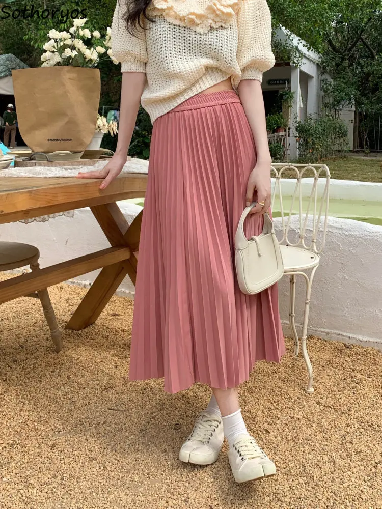 

Pleated Skirts Women Trendy High Waist Summer New Design A-line Casual All-match Midi Sweet Girls Simple Korean Style Cozy Baggy