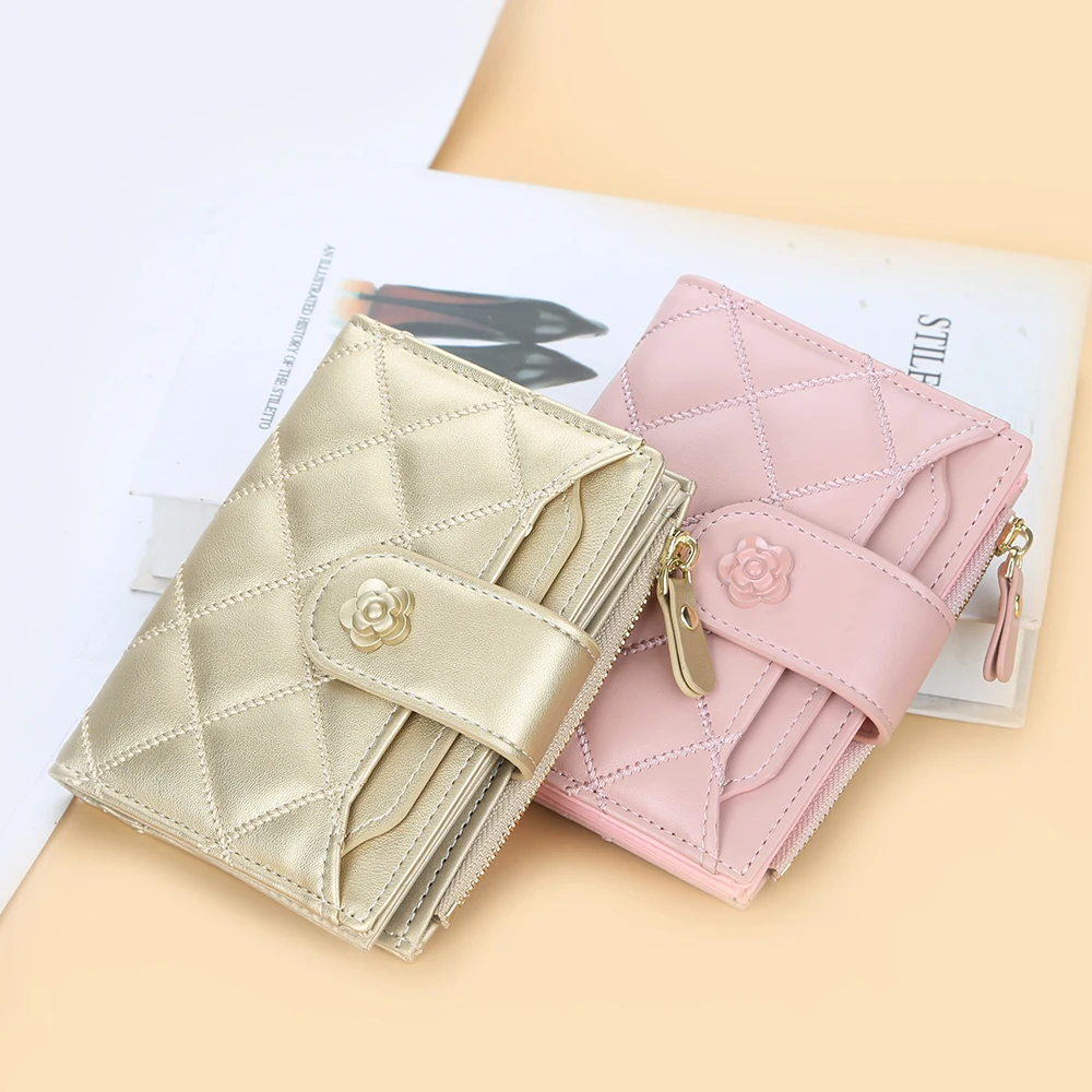 Fashion Leather Wallets for Women Plaid Short Zipper Coin Purse Gold Flower Womens Wallet Pink Card Holder Small Wallet for Girl 2