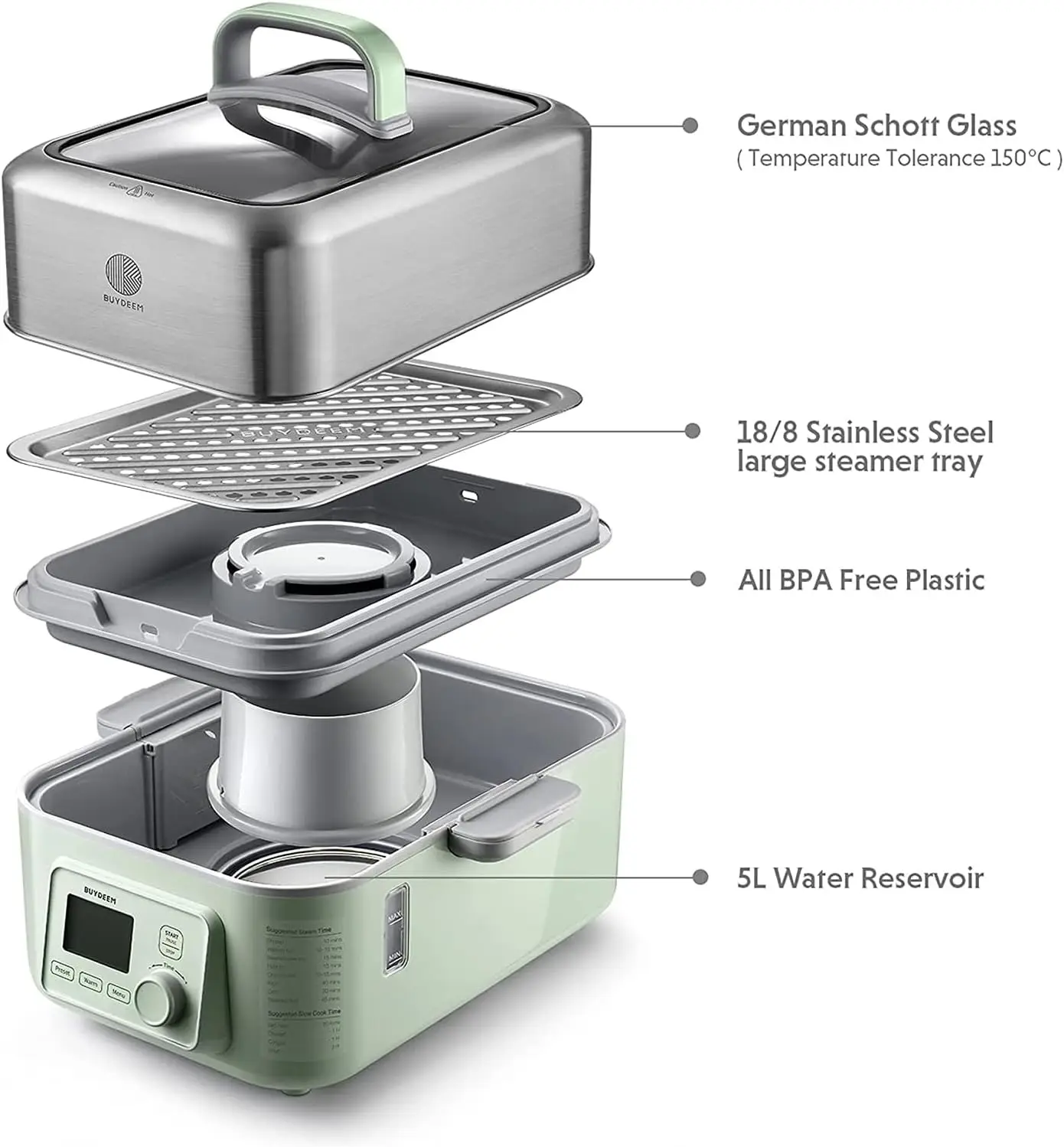 G563-A501 Electric Food Steamer for Cooking, 2 Tire Stainless Steel Steamer with Slow Cook Mode, 1500W, 10-Quart, Green