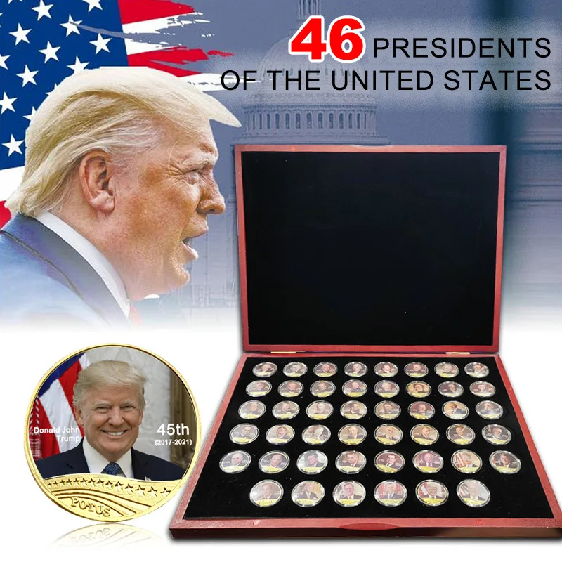 

46 шт./партия, позолоченные монеты президент США Трампа в деревянной коробке, памятные монеты для сувениров, деловой подарок