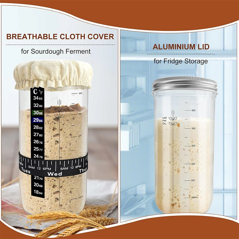 Premium Sourdough Starter Jar Kit - 24oz Glass Fermentation Set with Date Marked Feeding Band
