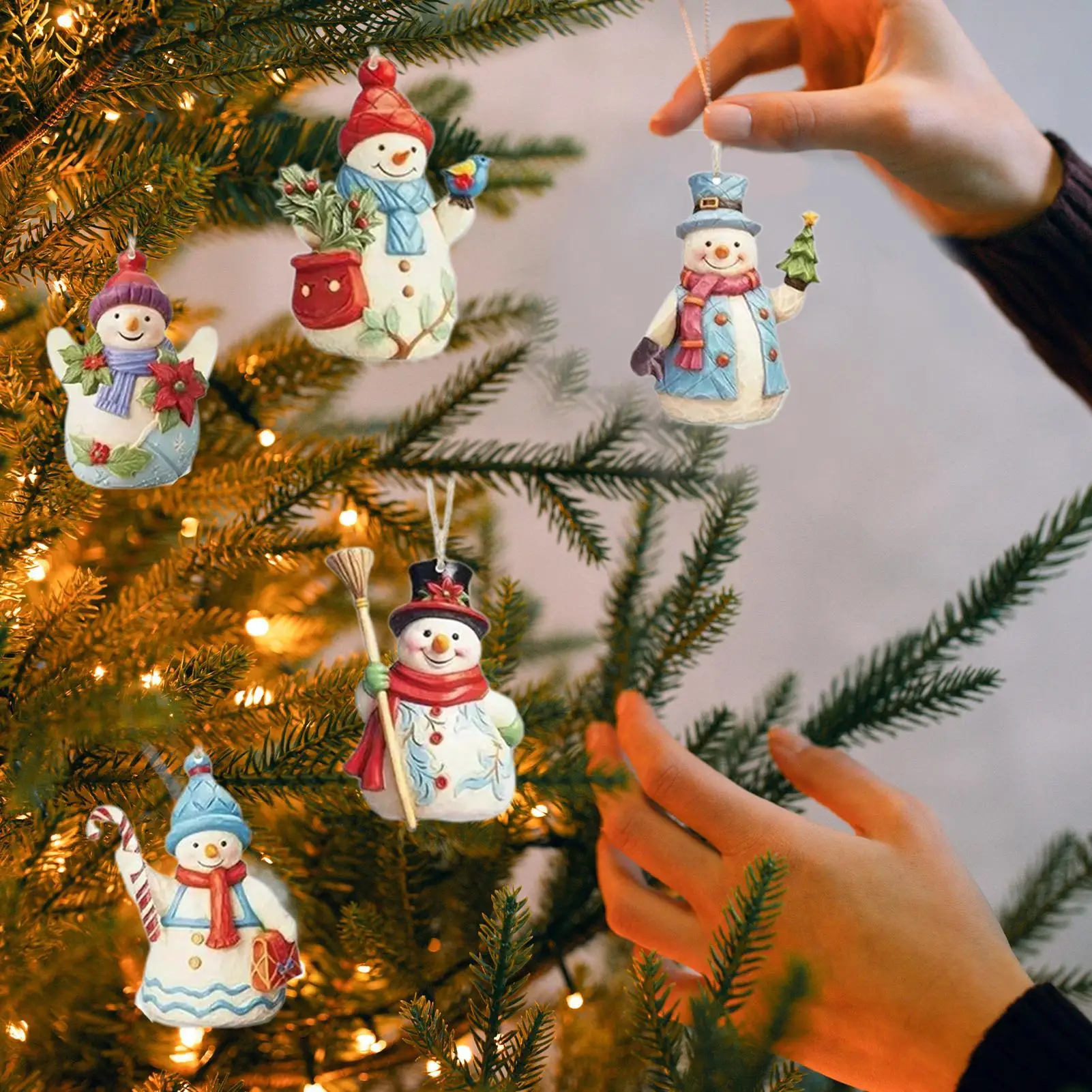 Christmas Tree Decorations Decorative Hangable Snowman Ornaments 9pcs Wood Crafts Figurine Pendant Hangable For Holiday Home