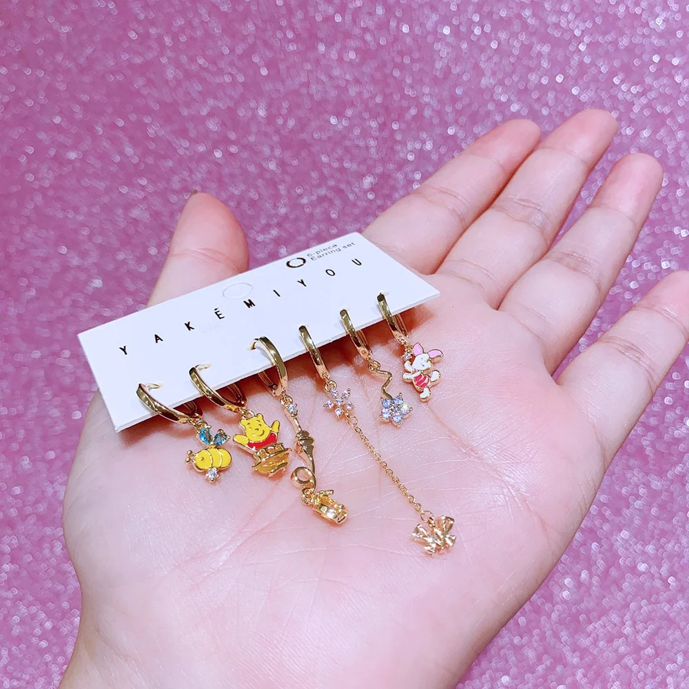 MIGGA 6pcs Mix and Match Cartoon Bear Pig Dangle Earrings Set Gold Color Cubic Zircon Women Jewelry 5