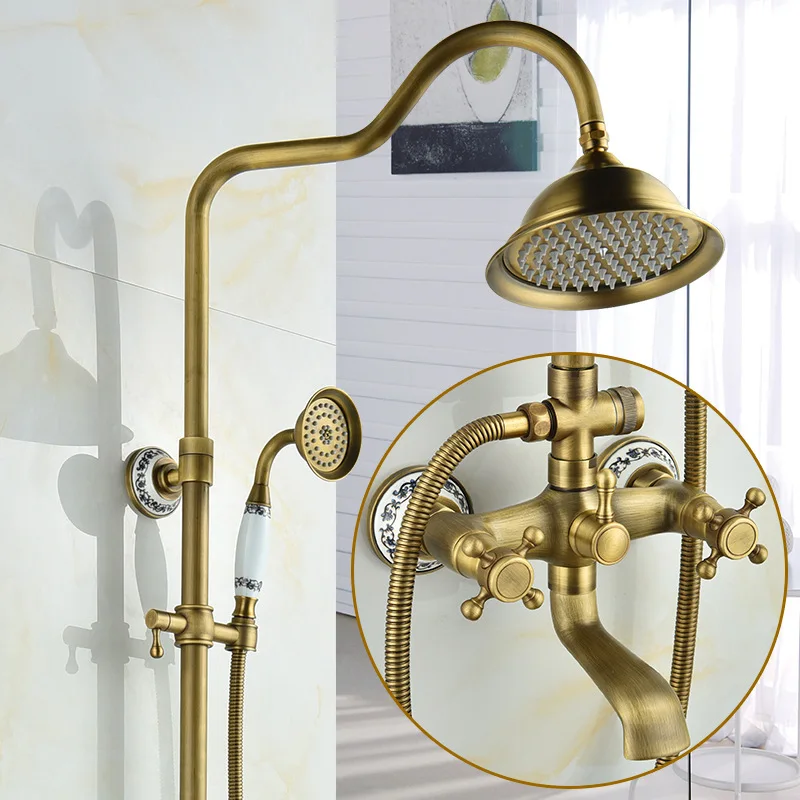 

Antique Brass Wall Mounted Mixer Rainfall Shower Faucet Complete Sets + 8" Shower Head Bathroom Set