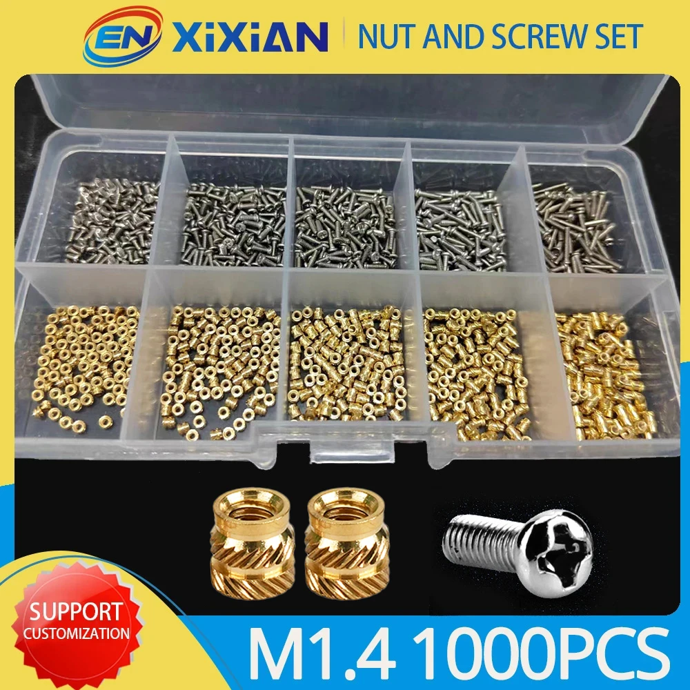 M1.4 M1.6 M2 M2.5 Brass Insert Nut and 304 Stainless Steel Screw Set Heat Hot Melt Thread Knurled Embedment Copper Nut Kit