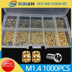 M1.4 M1.6 M2 M2.5 Brass Insert Nut and 304 Stainless Steel Screw Set Heat Hot Melt Thread Knurled Embedment Copper Nut Kit