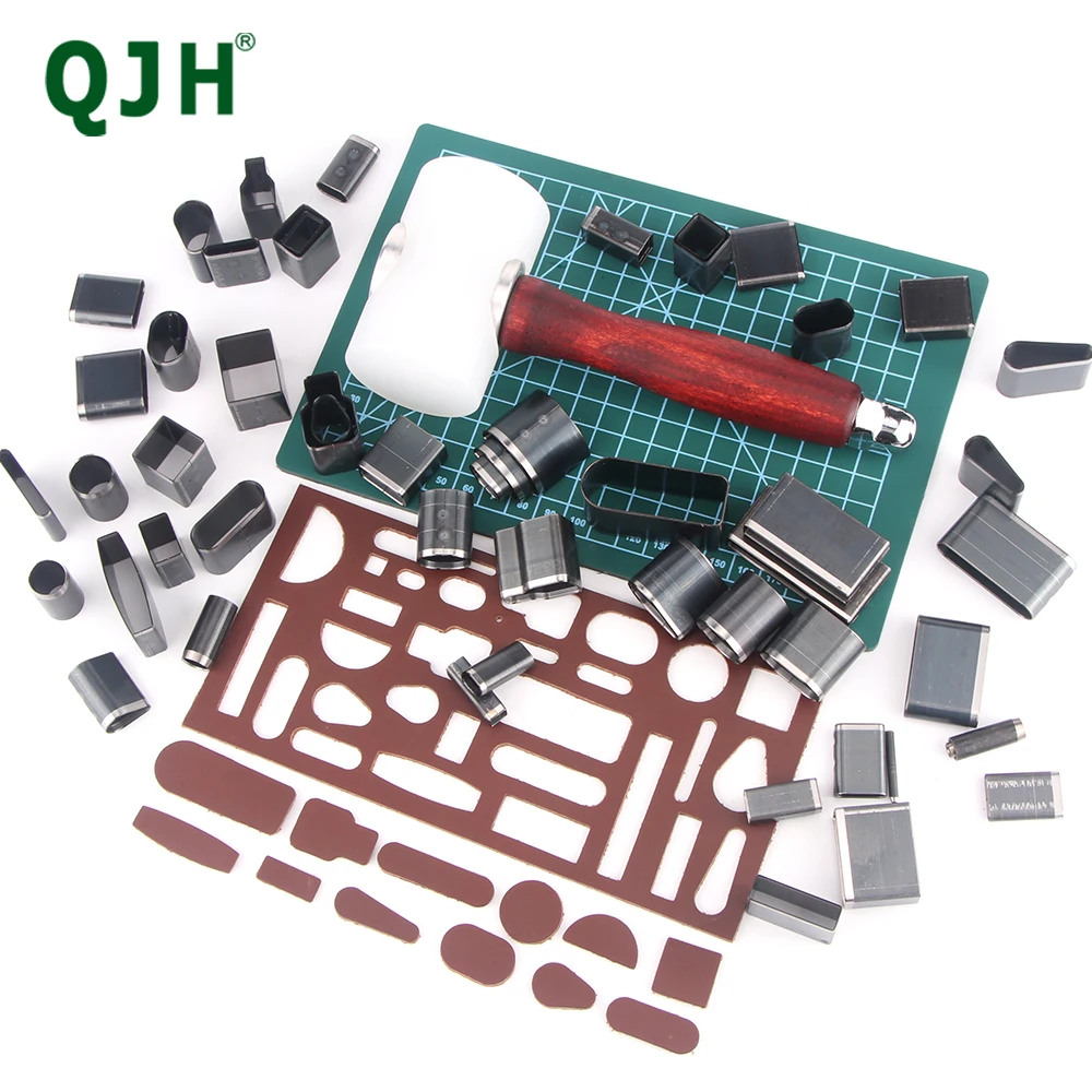 

52Pcs Leather Hole Hollow Punch Cutter Set/Leather Punching pad/T-type professional Hammer/A5PVC Pad Set DIY Leather Craft Tools