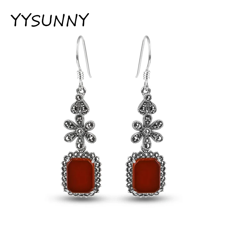 

Женские серьги YYSUNNY из серебра 925 пробы с маленьким цветком и геометрическим узором, инкрустированные агатом, Длинные ювелирные украшения для женщин