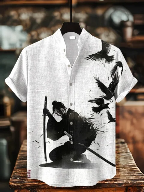 2025 new men's standing collar shirt, Japanese samurai printed cardigan button up shirt, retro linen short sleeved men's shirt 1