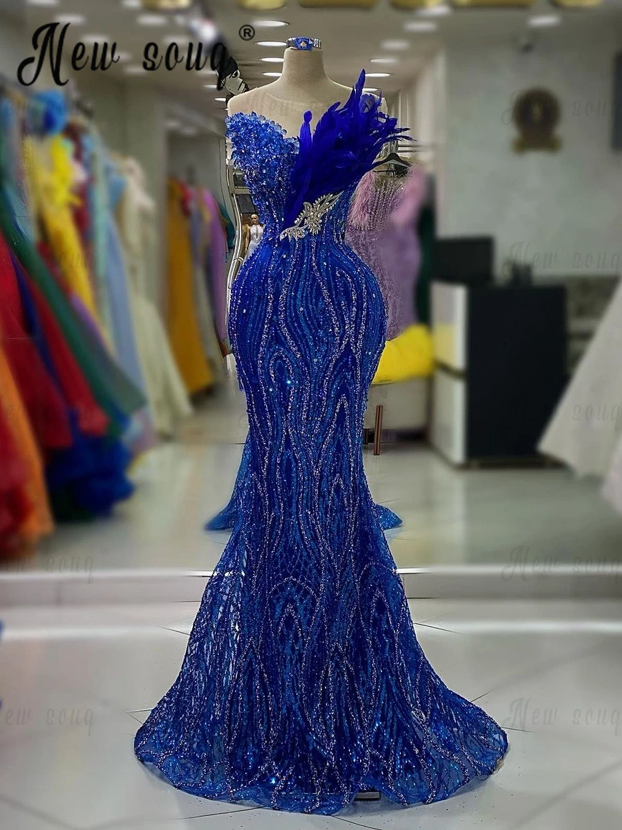 

Women Royal Blue Feather Evening Dress Beaded Mermaid Fashion Formal Dress Vestido Festa Luxo Dubai Wedding Party Gowns Haute