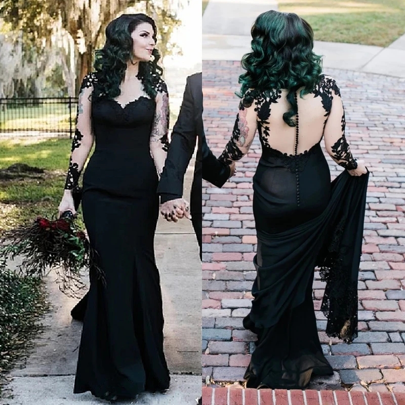 backless black wedding dress Gothic Black Lace Wedding Dress with Open Back SYBIL Custom Size / Black main image 1