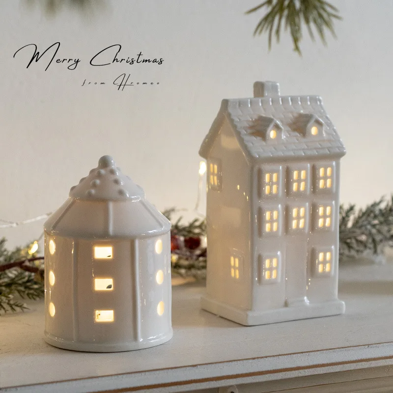 White Porcelain Christmas LED Lighted White Houses Decor Miniature Christmas Village Houses Snowflake Glowing Castle