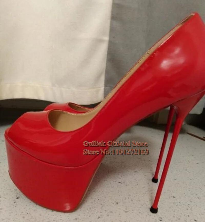 

16CM Ultra Metal Stiletto High Heels Pump Red Black Patent Leather Platform Open Toe Slip On Wedding Bride Shoes Size 46