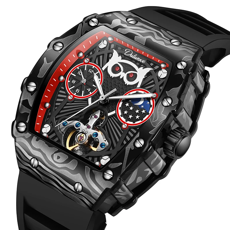 

Owl Luminous Men's Watch Tonneau Case Mens Fashion Male Watches Waterproof Luxuries Men Wrist Watches for Men Rubber Belt NEW