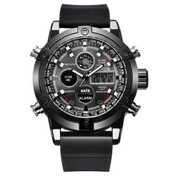 Men's Fashion Leather Band Watch - Dual Time Design in Black (Black rubber 3022)